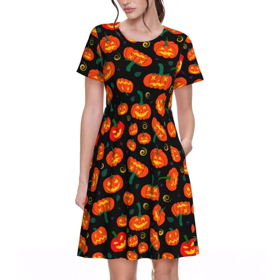 Logiee Pumpkin Fallen Leaves Print Womens Summer Dress,Casual Short Sleeve Sundresses,Beach A-line Shift Dress with Pockets
