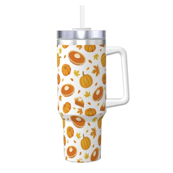 Logiee Pumpkin Maple Leaves Print 40OZ Ice Bully Cup with Handle and Straw, Double Wall Stainless Steel Tumbler,Travel Coffee Cup with Lid, Summer Insulation and Cooling Cup