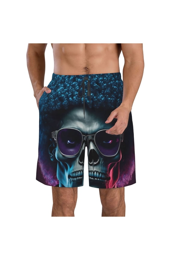 Punk Style Blue Haired Skull Print Mens Swim Trunks Quick Dry Board Shorts,Breathable Hawaii Beach Shorts Swimwear Bathing Suits-Medium