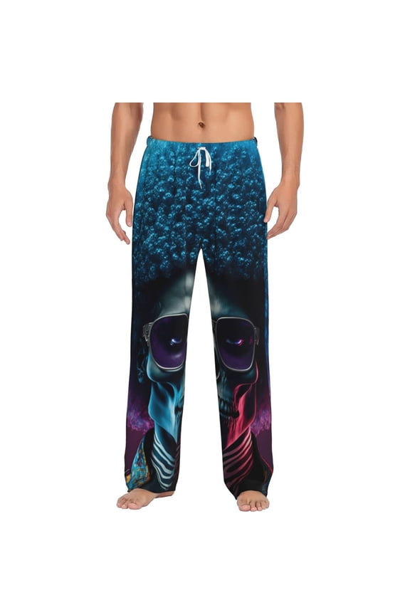 Punk Style Blue Haired Skull Print Pajama Pants for Men,Men’s Pajama Bottoms,Mens PJ Pants with Pockets & Button Fly-Medium