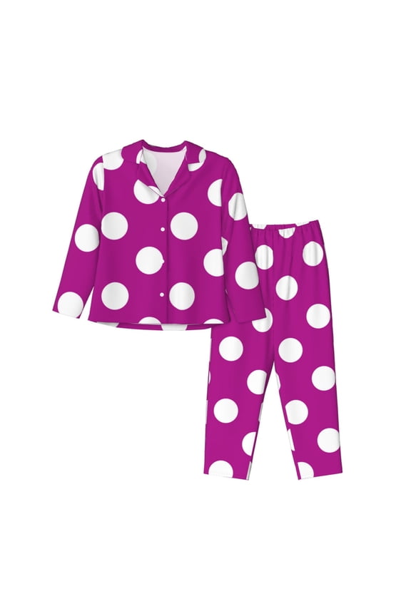 Purlpe And White Polka Dot Print Womens Pajamas Set,Long Sleeve Sleepwear,Button Down Lounge Set 2 Pieces,Soft Nightwear Pjs Set-