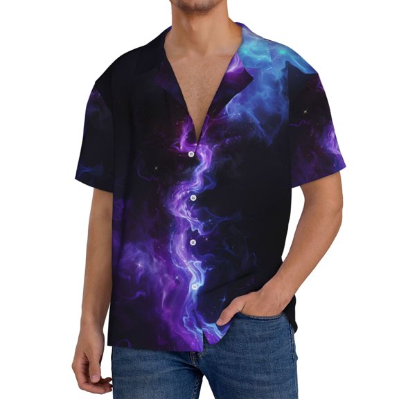 Logiee Purple And Blue Nebula Print Men's Button Down Shirts Short Sleeve, Summer Beach Shirts,Vacation Wedding Shirts,Men's Casual Button-Down Shirts with Pocket-Large