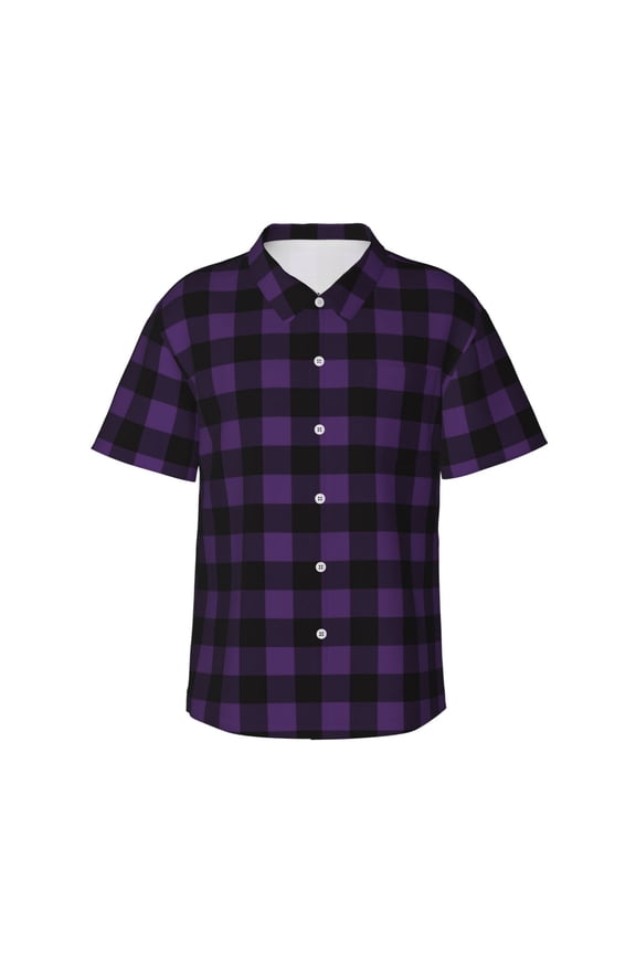Purple Black Plaid Print Mens Hawaiian Shirts,Loose-Fit Short Sleeve Button Down Tropical Aloha Beach Shirt,Summer Vacation Wedding Tops,X-Large