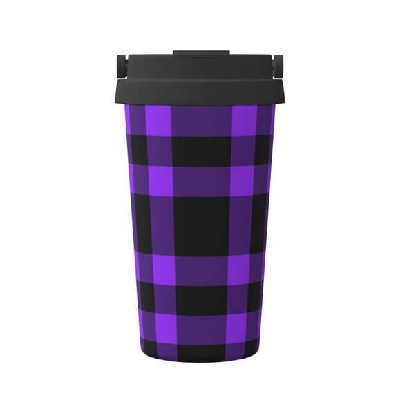 Logiee Purple Buffalo Plaid Print Stainless Steel Coffee Tumbler, Travel Coffee Mug, Insulated Coffee Mug with Lid, Spill Proof Coffee Cup, Portable Thermal Mug