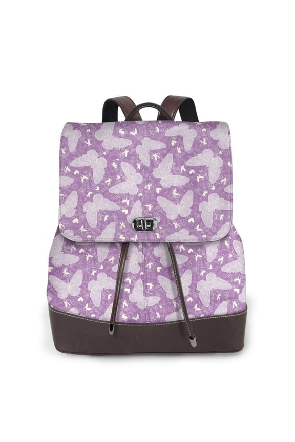 Purple Butterflies Floral Print Women's Leather Backpack,Travel Laptop Backpack,Fashion Ladies Leather Backpack Bag for Travel,Leather Drawstring Daypack for Me