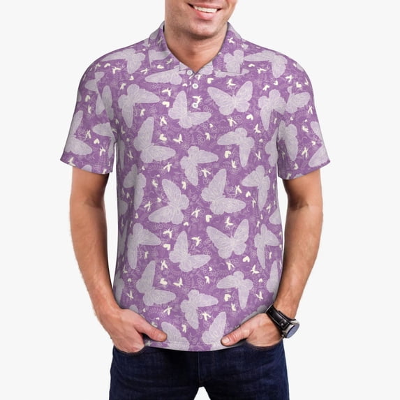 Logiee Purple Butterflies Floral Print Mens Polo Shirts,Mens Golf Polo Shirts,Short Sleeve Casual Polo Shirts for Men,Summer Fashion Beach Shirts-Small