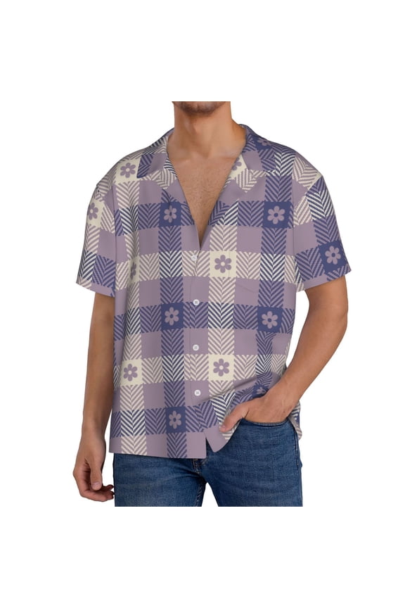 Purple Floral Gingham Check Plaid Print Men's Button Down Shirts Short Sleeve, Summer Beach Shirts,Vacation Wedding Shirts,Men's Casual Button-Down Shirts with Pocket-3X-Large