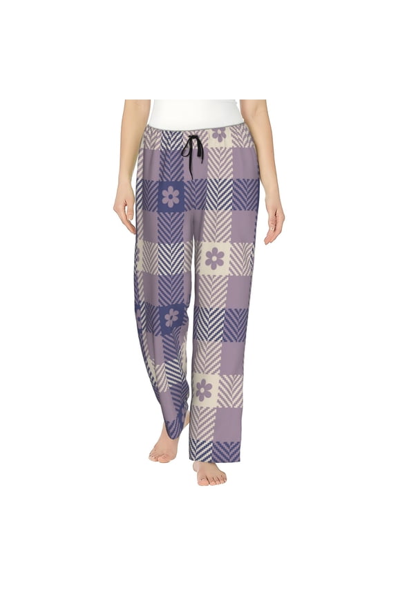 Purple Floral Gingham Check Plaid Print Women Pajama Pants,Comfy Pj Bottom with Pockets & Drawstring,Stretch Casual Sleepwear-Small