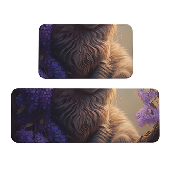 Logiee Purple Flower Lazy Cat Print Kitchen Mats for Floor Sets of 2,Waterproof Kitchen Rugs,Non Slip Comfort Standing Mat Rug for Home,Runner,Sink,Office,Laundry
