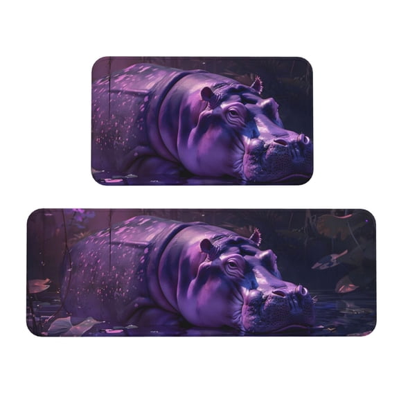 Logiee Purple Hippo In Water Print Kitchen Mats for Floor Sets of 2,Waterproof Kitchen Rugs,Non Slip Comfort Standing Mat Rug for Home,Runner,Sink,Office,Laundry