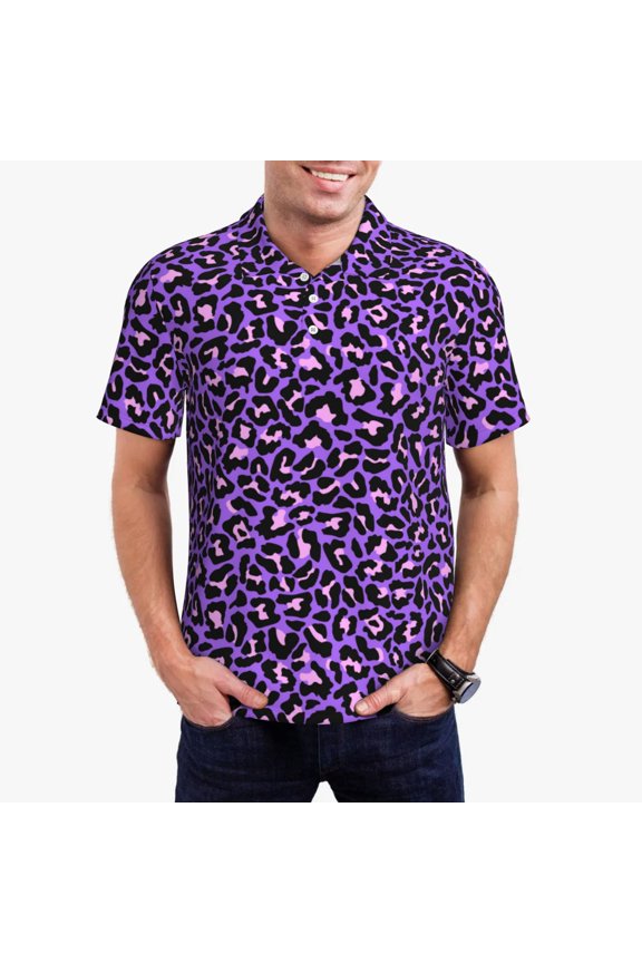 Purple Leopard Print Mens Polo Shirts,Mens Golf Polo Shirts,Short Sleeve Casual Polo Shirts for Men,Summer Fashion Beach Shirts-Medium