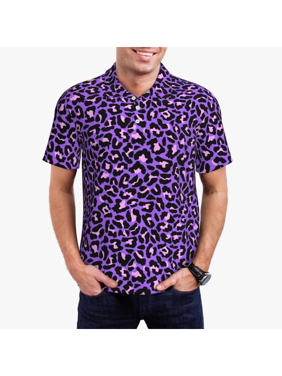Purple Leopard Print Mens Polo Shirts,Mens Golf Polo Shirts,Short Sleeve Casual Polo Shirts for Men,Summer Fashion Beach Shirts-XX-Large
