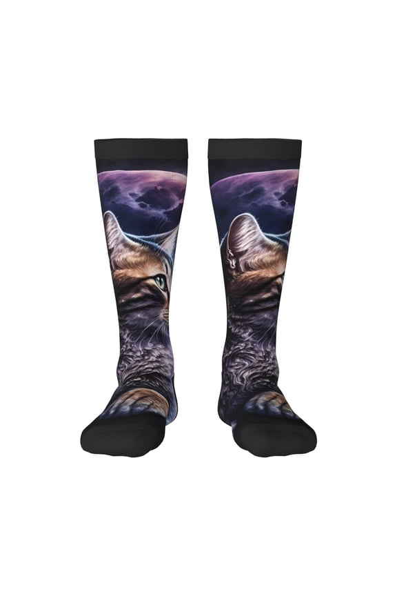 Purple Moon Cat Print Gift Stocking Stuffers,Adult Stockings,Novelty Socks,Funny Socks Birthday Running Walking Sleeping