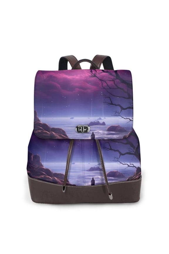 Logiee Purple Moon Tree Night Sky Print Backpack Purse for Women,Fashion Leather Backpack Purse,Women's Leather Backpack for Work College Travel