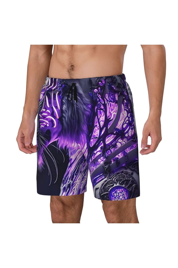 Purple Pattern White Tiger Print Men's Swim Trunk,Quick Dry Board Shorts ,Men's Swim Trunks with Compression Liner, Bathing Suits with Pockets-Medium