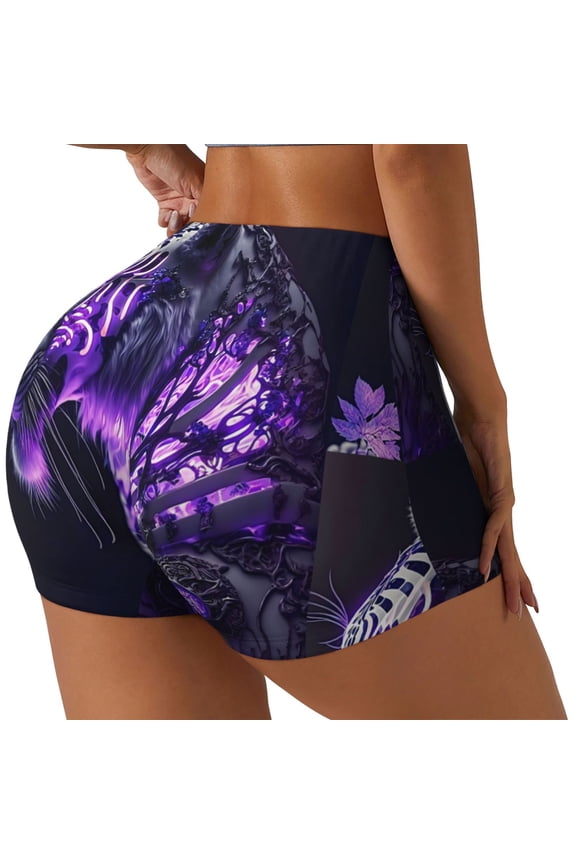 Purple Pattern White Tiger Print Women's Biker Shorts,Workout Gym Shorts,Scrunch Shorts,Tummy Control Hidden Scrunch Running Yoga Shorts-XX-Large