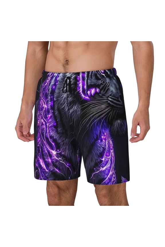 Purple Plant White Tiger Print Men's Swim Trunk,Quick Dry Board Shorts ,Men's Swim Trunks with Compression Liner, Bathing Suits with Pockets-Medium