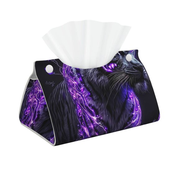Logiee Purple Plant White Tiger Print Tissue Box Cover,Stylish Tissue Box Holder Decorative Tissue Cover for Bathroom Toilet Bedroom Living Room Table Desk Office