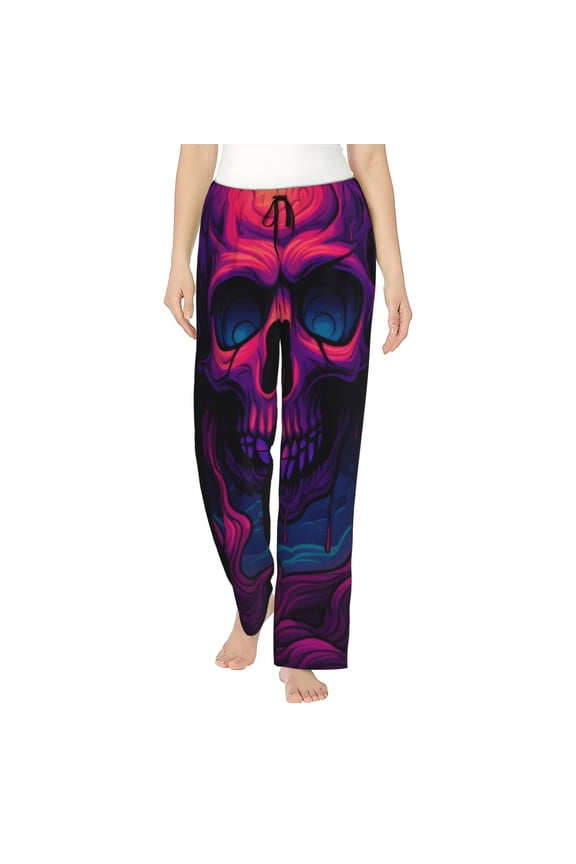 Purple-Red Skull Print Women Pajama Pants,Comfy Pj Bottom with Pockets & Drawstring,Stretch Casual Sleepwear-Medium