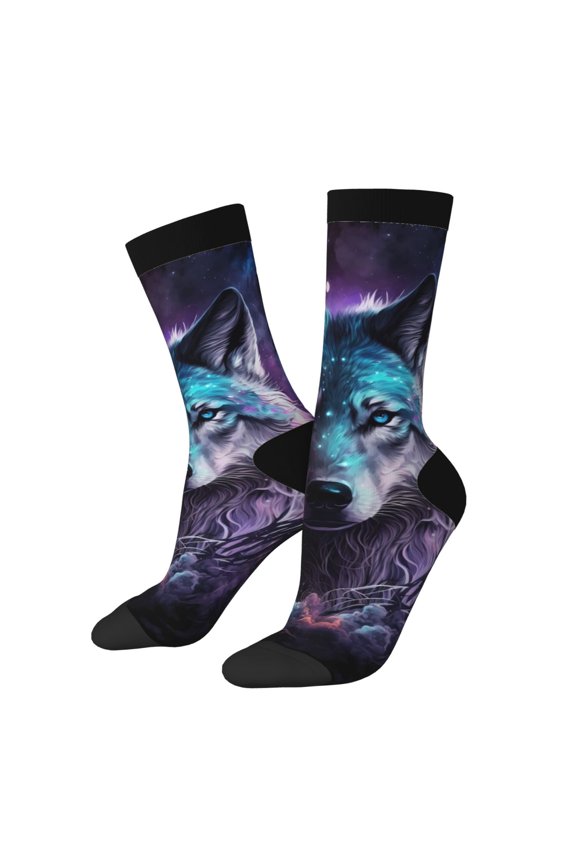 Purple Sky Wolf Print Adult Socks for Men & Women,Calf Socks, Ankle Socks,Boots Socks,Breathable Casual Sock,Unisex Crew Socks