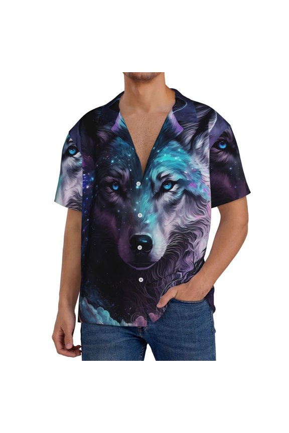 Purple Sky Wolf Print Men's Button Down Shirts Short Sleeve, Summer Beach Shirts,Vacation Wedding Shirts,Men's Casual Button-Down Shirts with Pocket-Medium