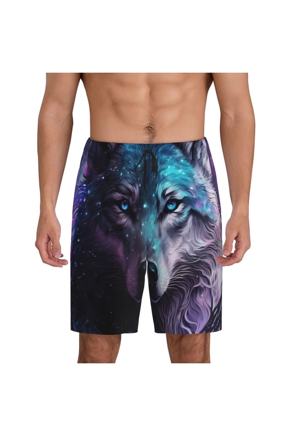 Purple Sky Wolf Print Men's Pajama Shorts with Drawstring & Pockets,Sleep Shorts for Men,Sleepwear Bottoms,Elastic Waistband Loungewear-Medium