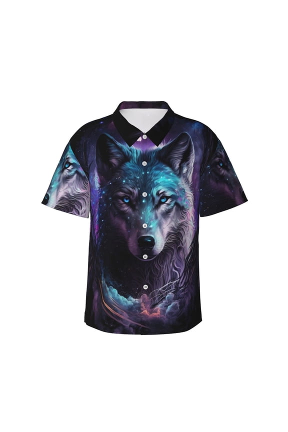 Purple Sky Wolf Print Mens Hawaiian Shirts,Loose-Fit Short Sleeve Button Down Tropical Aloha Beach Shirt,Summer Vacation Wedding Tops,Medium