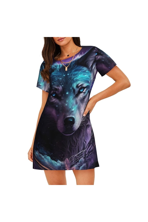 Purple Sky Wolf Print Nightgowns for Women,Soft Short-Sleeved Lightweight Sleepwear, Loose Sleepshirts
