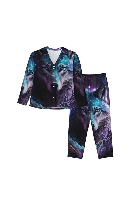 Purple Sky Wolf Print Womens Pajamas Set,Long Sleeve Sleepwear,Button Down Lounge Set 2 Pieces,Soft Nightwear Pjs Set-XX-Large