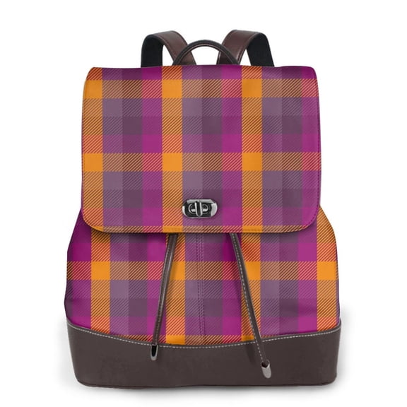 Logiee Purple Yellow Buffalo Plaid Print Backpack Purse for Women,Fashion Leather Backpack Purse,Women's Leather Backpack for Work College Travel
