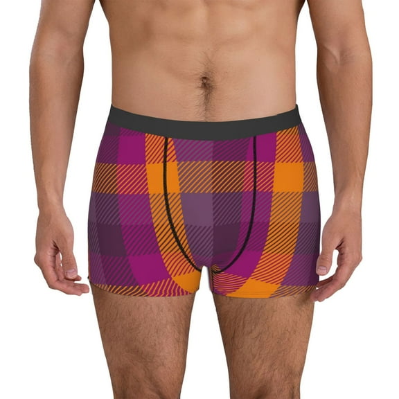 Logiee Purple Yellow Buffalo Plaid Print Mens Boxer Briefs,Boxer Briefs for Men,Breathable Stretch Underwear,Boys Boxer Briefs-Large