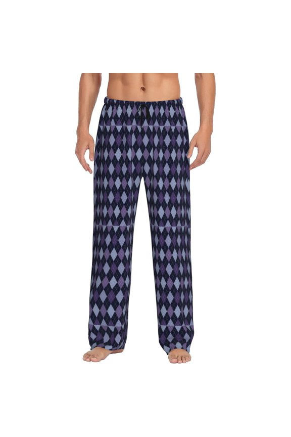 Purple and Blue Squares Print Pajama Pants for Men,Men’s Pajama Bottoms,Mens PJ Pants with Pockets & Button Fly-Large