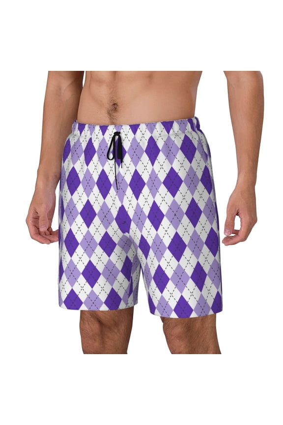 Purple argyle Print Men's Swim Trunk,Quick Dry Board Shorts ,Men's Swim Trunks with Compression Liner, Bathing Suits with Pockets-Medium