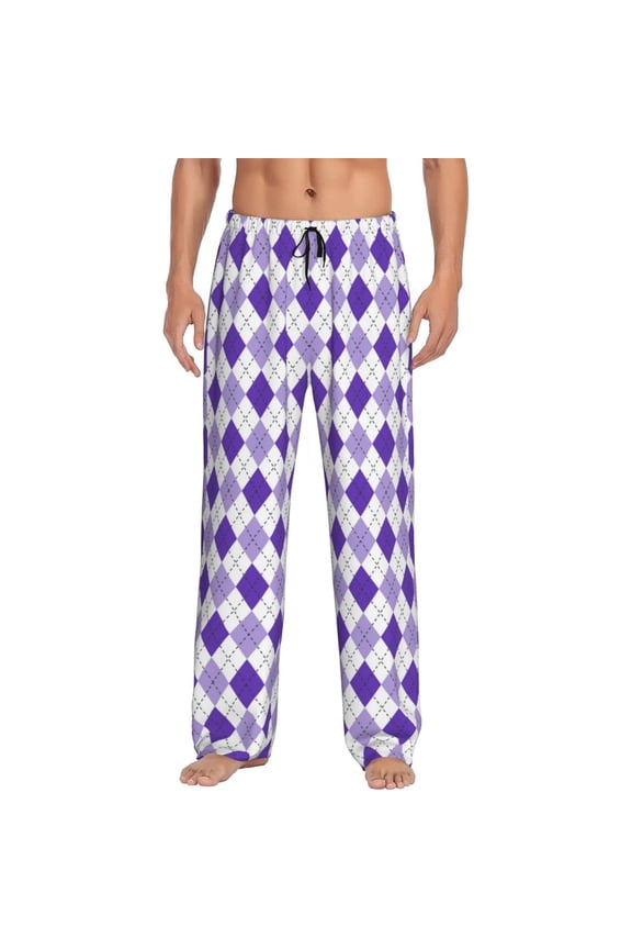 Purple argyle Print Pajama Pants for Men,Men’s Pajama Bottoms,Mens PJ Pants with Pockets & Button Fly-3X-Large