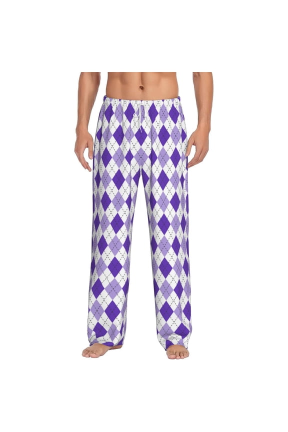 Purple argyle Print Pajama Pants for Men,Men’s Pajama Bottoms,Mens PJ Pants with Pockets & Button Fly-Medium