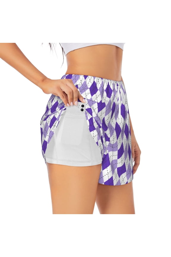 Purple argyle Print Women 2 in 1 Running Shorts,High Waisted Athletic Shorts,Gym Workout Shorts with Liner Pockets-Large