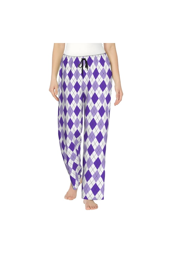 Purple argyle Print Women Pajama Pants,Comfy Pj Bottom with Pockets & Drawstring,Stretch Casual Sleepwear-Small