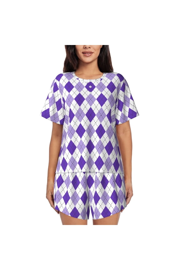 Purple argyle Print Womens Pajamas Set,Short-Sleeve Pajama 2 Piece Sleepwear with Pockets-Small