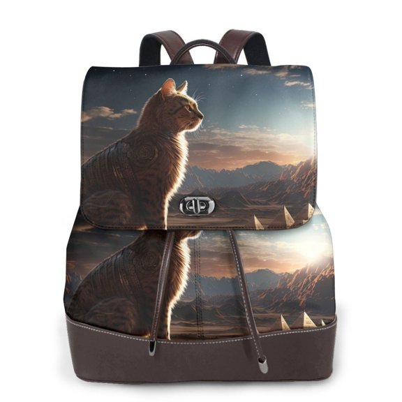 Gaeub Pyramid Desert Cat Print Women's Leather Backpack,Travel Laptop Backpack,Fashion Ladies Leather Backpack Bag for Travel,Leather Drawstring Daypack for Me