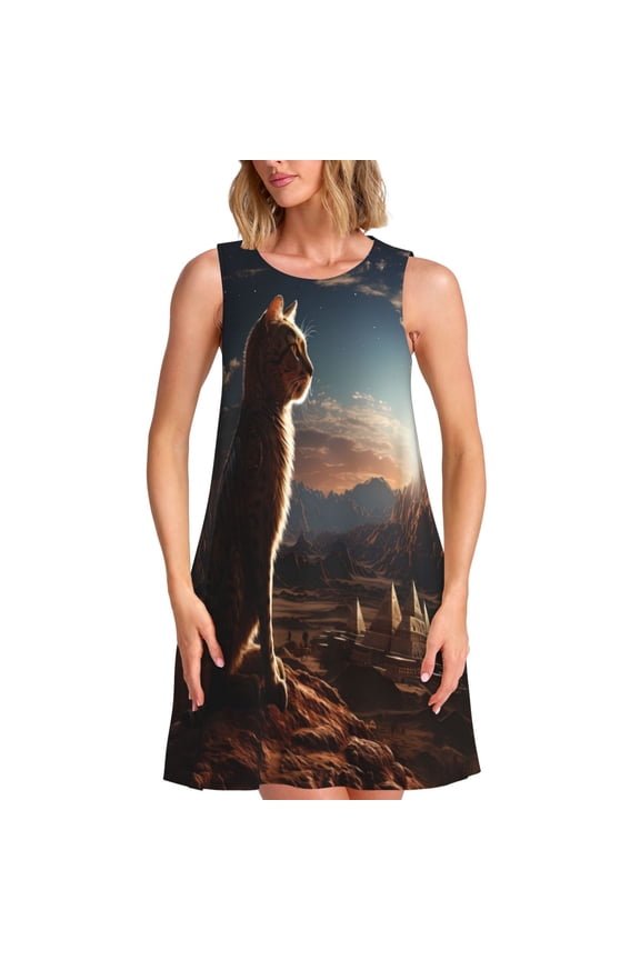 Pyramid Desert Cat Print Summer Dresses for Women,Beach Sleeveless Flowy Pocket Tshirt Tank Sundresses,Women's Sleeveless Dress
