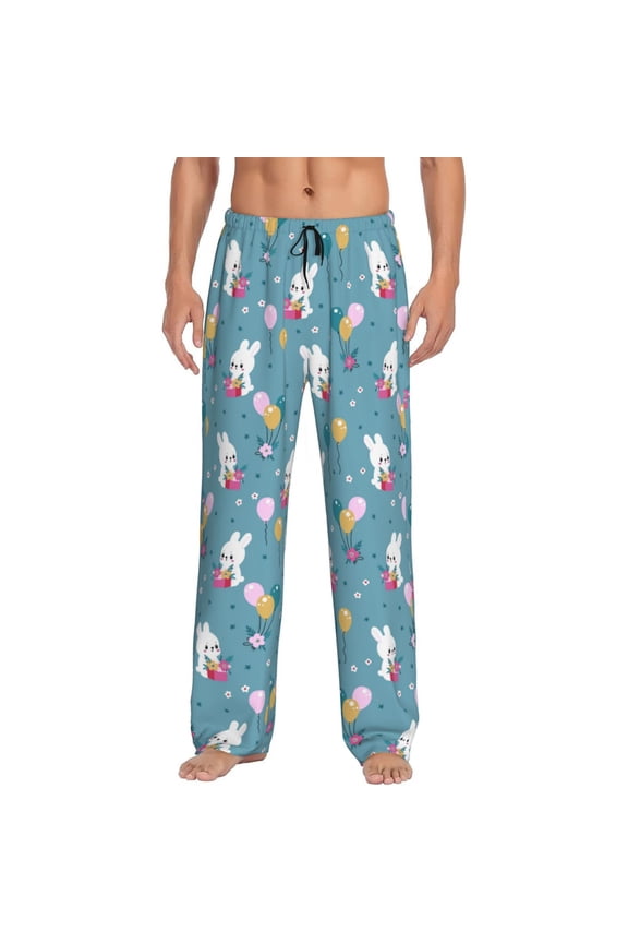 Rabbit And Balloon Print Pajama Pants for Men,Men’s Pajama Bottoms,Mens PJ Pants with Pockets & Button Fly-3X-Large