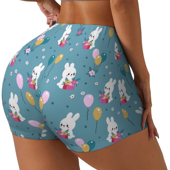 Logiee Rabbit And Balloon Print Women's Biker Shorts,Workout Gym Shorts,Scrunch Shorts,Tummy Control Hidden Scrunch Running Yoga Shorts-
