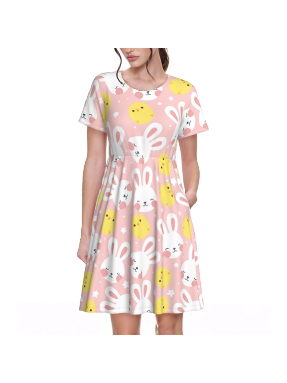 Rabbit And Chick Print Womens Summer Dress,Casual Short Sleeve Sundresses,Beach A-line Shift Dress with Pockets