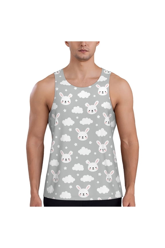 Rabbit And Cloud Print Men's Workout Tank Top,Quick Dry Workout Tank Top,Gym Muscle Tee,Fitness Bodybuilding Sleeveless T Shirt-Large