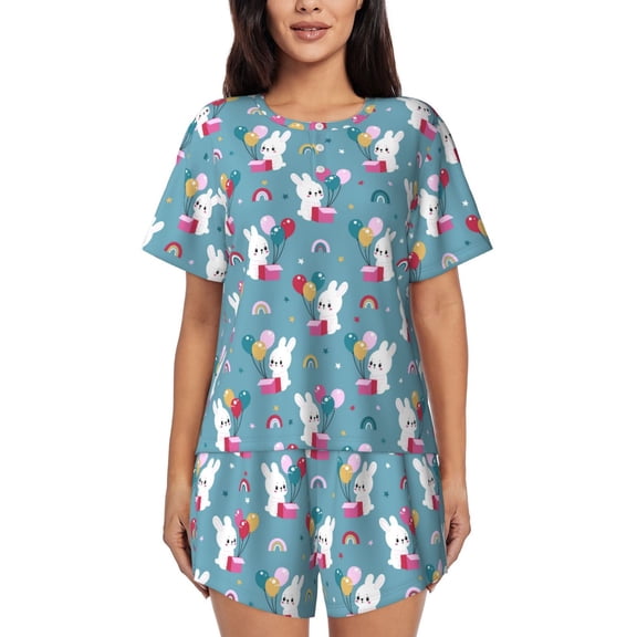 Logiee Rabbit And Rainbow Print Womens Pajamas Set,Short-Sleeve Pajama 2 Piece Sleepwear with Pockets-XX-Large