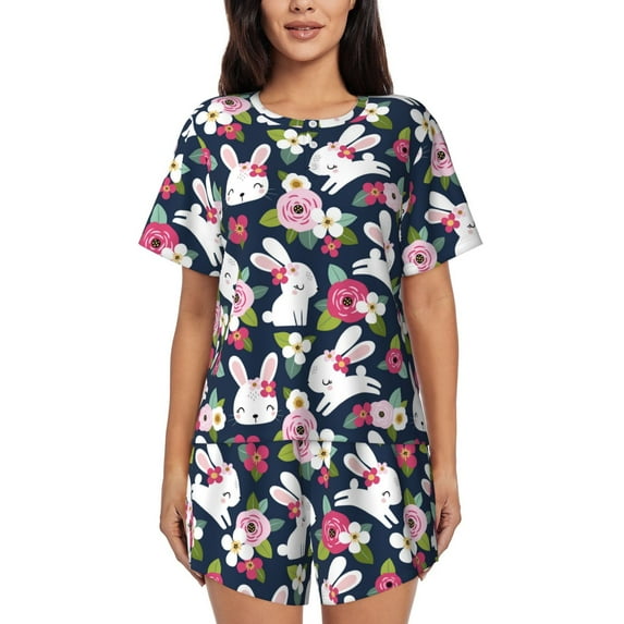 Logiee Rabbit And Rose Print Womens Pajamas Set,Short-Sleeve Pajama 2 Piece Sleepwear with Pockets-X-Large