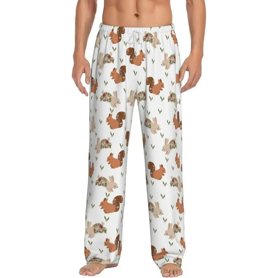 Logiee Rabbit And Squirrel Print Pajama Pants for Men,Men’s Pajama Bottoms,Mens PJ Pants with Pockets & Button Fly-Medium