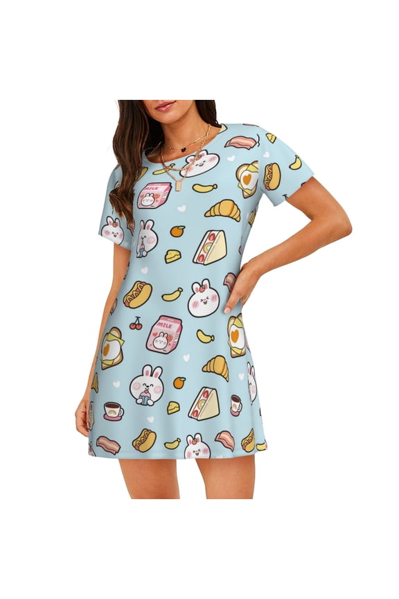 Rabbit Burger Coffee Print Nightgowns for Women,Soft Short-Sleeved Lightweight Sleepwear, Loose Sleepshirts