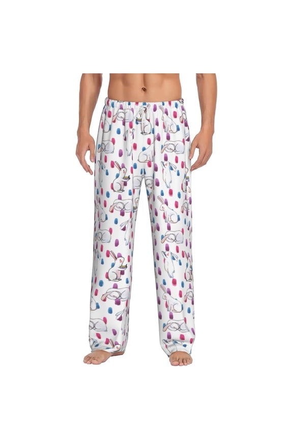 Rabbit Eating Print Pajama Pants for Men,Men’s Pajama Bottoms,Mens PJ Pants with Pockets & Button Fly-Large