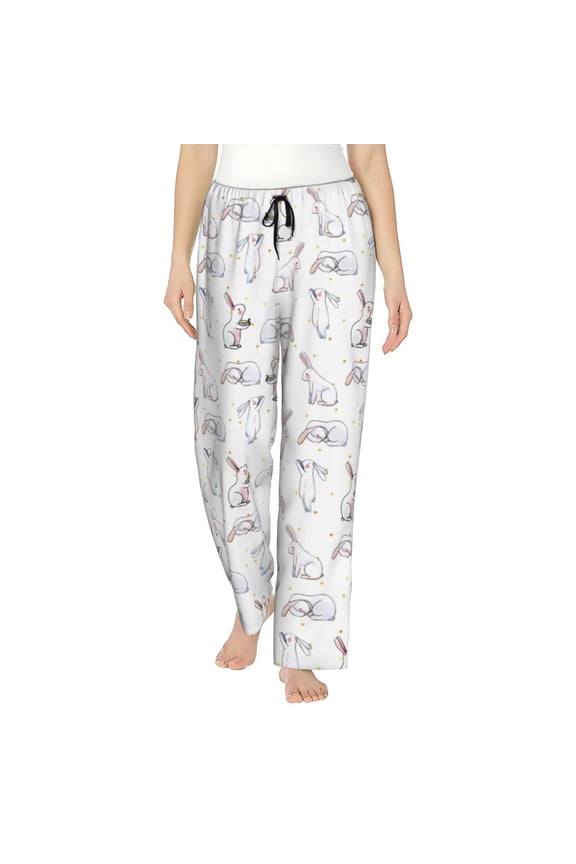 Rabbit Eating Print Women Pajama Pants,Comfy Pj Bottom with Pockets & Drawstring,Stretch Casual Sleepwear-Small